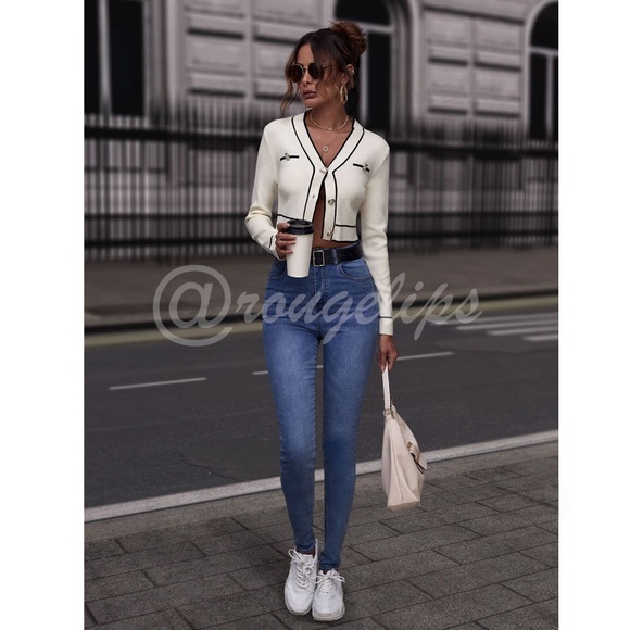 Off White Cropped Cardigan Contrast Black Binding Button Front Silver Buttons - Picture 4 of 7